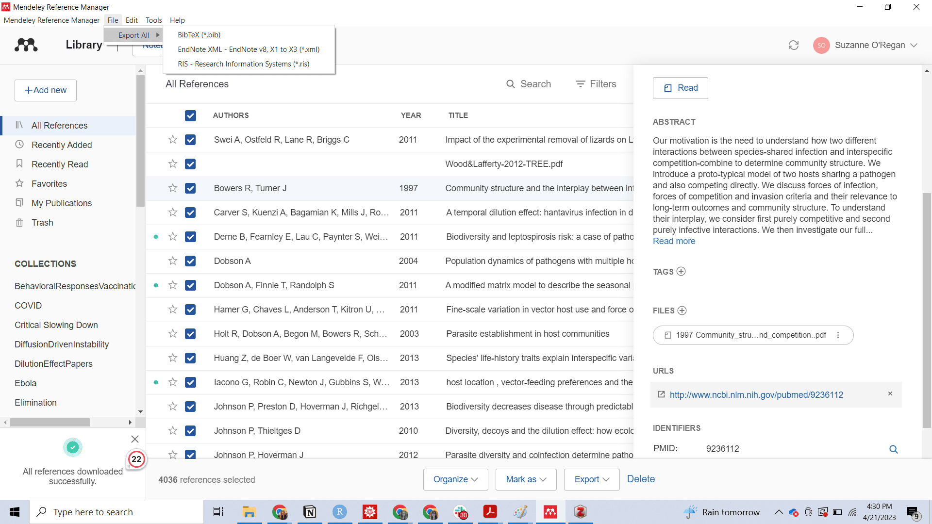 Mendeley Reference Manager on Windows with all references selected and the File › “Export All” menu open on BibTeX (*.bib), EndNote XML and “RIS – Research Information Systems (*.ris)”.